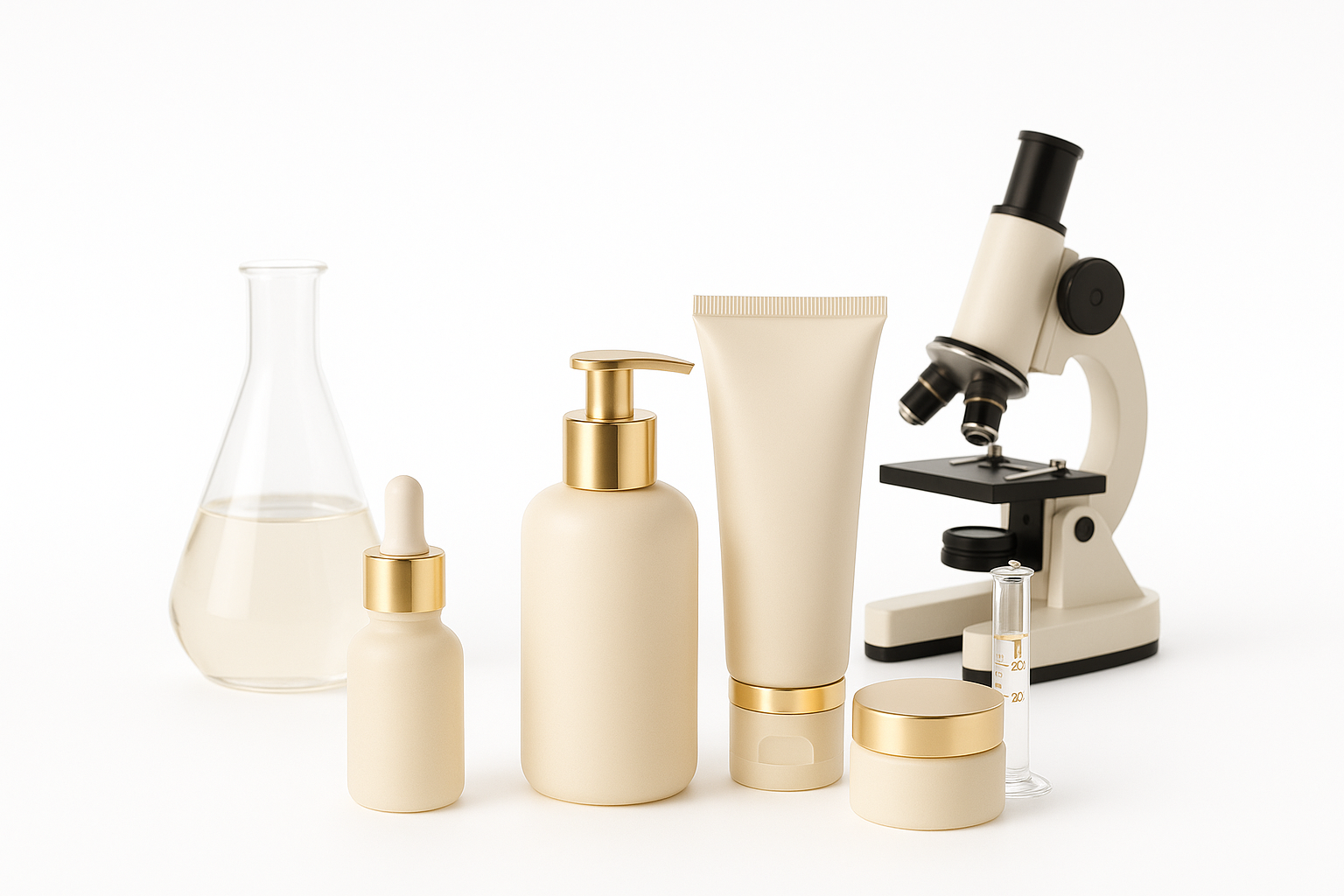 Professional skincare laboratory with microscope, beakers, and premium cosmetic products featuring elegant cream packaging with gold accents